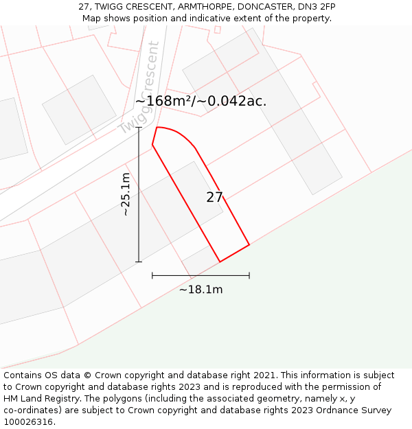 27, TWIGG CRESCENT, ARMTHORPE, DONCASTER, DN3 2FP: Plot and title map