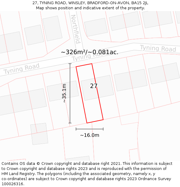 27, TYNING ROAD, WINSLEY, BRADFORD-ON-AVON, BA15 2JL: Plot and title map