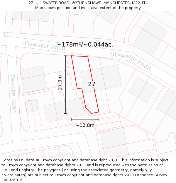 27, ULLSWATER ROAD, WYTHENSHAWE, MANCHESTER, M22 1TU: Plot and title map