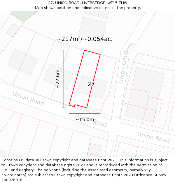 27, UNION ROAD, LIVERSEDGE, WF15 7HW: Plot and title map
