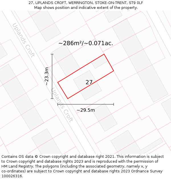 27, UPLANDS CROFT, WERRINGTON, STOKE-ON-TRENT, ST9 0LF: Plot and title map
