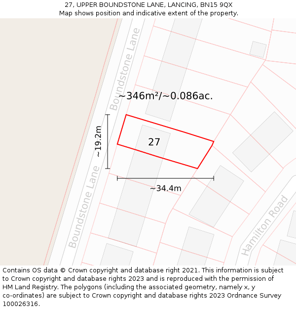 27, UPPER BOUNDSTONE LANE, LANCING, BN15 9QX: Plot and title map