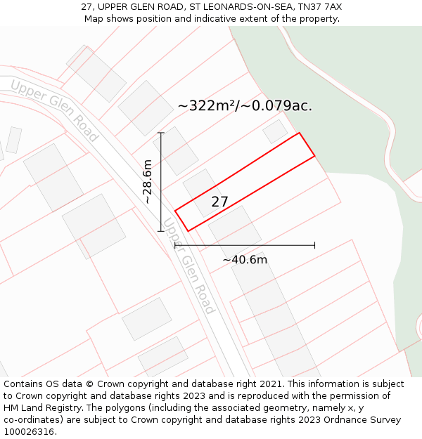 27, UPPER GLEN ROAD, ST LEONARDS-ON-SEA, TN37 7AX: Plot and title map