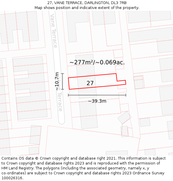 27, VANE TERRACE, DARLINGTON, DL3 7RB: Plot and title map