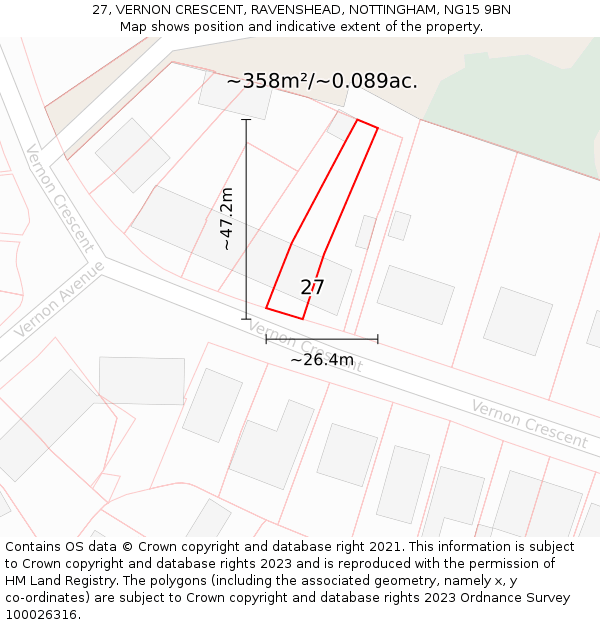 27, VERNON CRESCENT, RAVENSHEAD, NOTTINGHAM, NG15 9BN: Plot and title map