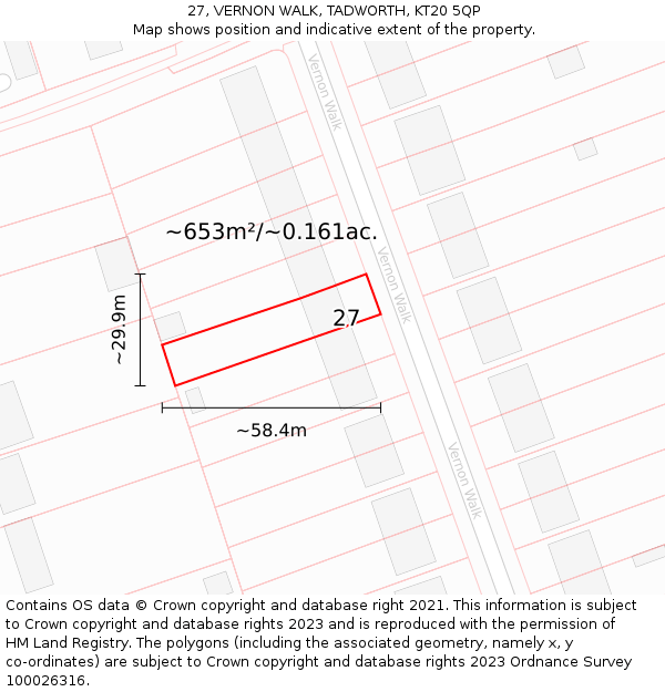 27, VERNON WALK, TADWORTH, KT20 5QP: Plot and title map