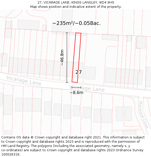 27, VICARAGE LANE, KINGS LANGLEY, WD4 9HS: Plot and title map