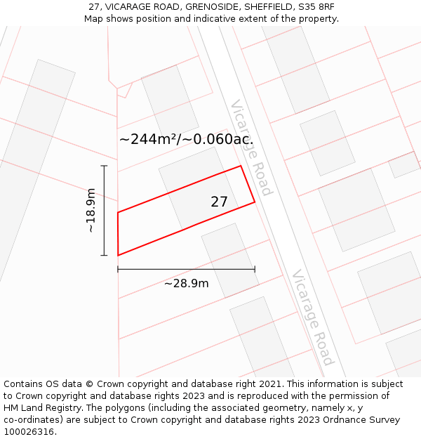27, VICARAGE ROAD, GRENOSIDE, SHEFFIELD, S35 8RF: Plot and title map