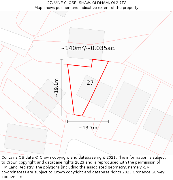 27, VINE CLOSE, SHAW, OLDHAM, OL2 7TG: Plot and title map