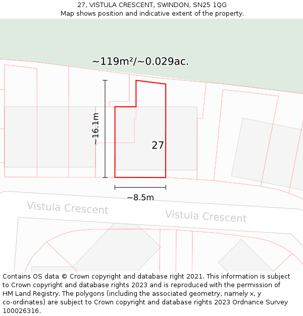 27, VISTULA CRESCENT, SWINDON, SN25 1QG: Plot and title map