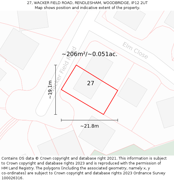 27, WACKER FIELD ROAD, RENDLESHAM, WOODBRIDGE, IP12 2UT: Plot and title map
