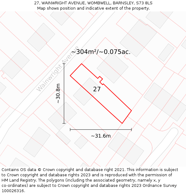 27, WAINWRIGHT AVENUE, WOMBWELL, BARNSLEY, S73 8LS: Plot and title map