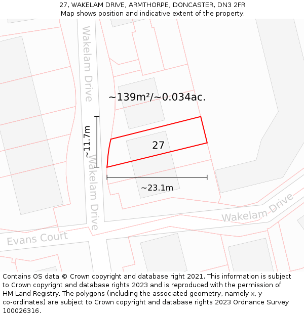 27, WAKELAM DRIVE, ARMTHORPE, DONCASTER, DN3 2FR: Plot and title map