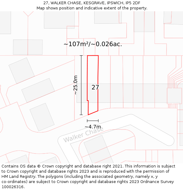 27, WALKER CHASE, KESGRAVE, IPSWICH, IP5 2DF: Plot and title map