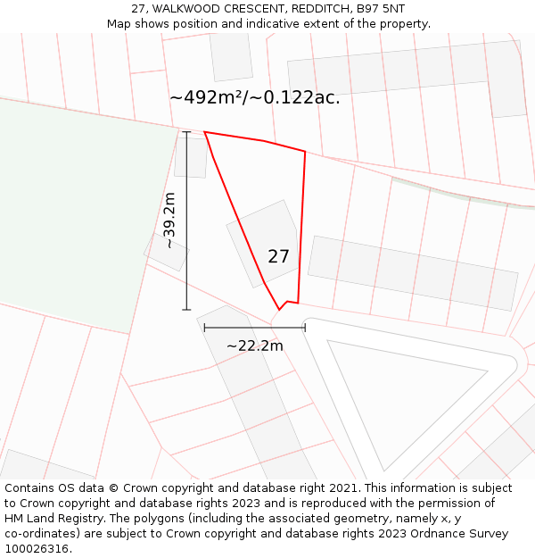 27, WALKWOOD CRESCENT, REDDITCH, B97 5NT: Plot and title map