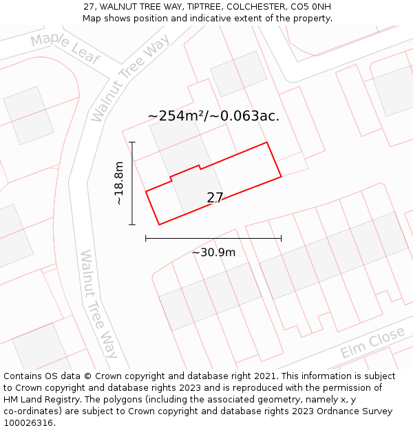 27, WALNUT TREE WAY, TIPTREE, COLCHESTER, CO5 0NH: Plot and title map