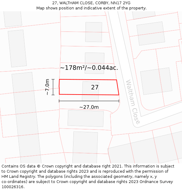 27, WALTHAM CLOSE, CORBY, NN17 2YG: Plot and title map