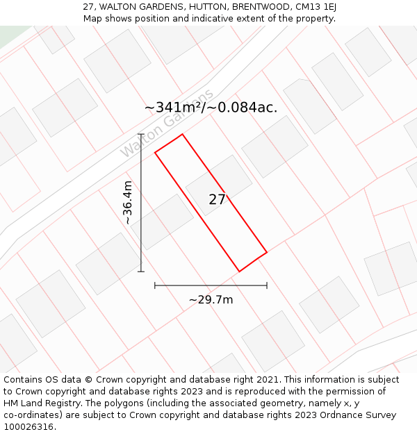 27, WALTON GARDENS, HUTTON, BRENTWOOD, CM13 1EJ: Plot and title map