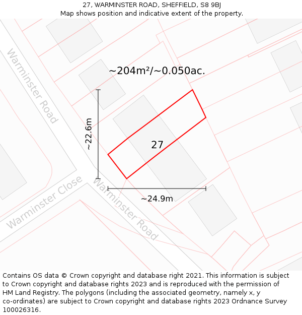 27, WARMINSTER ROAD, SHEFFIELD, S8 9BJ: Plot and title map