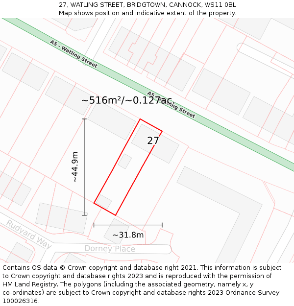 27, WATLING STREET, BRIDGTOWN, CANNOCK, WS11 0BL: Plot and title map