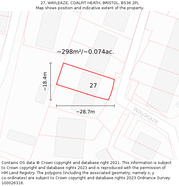 27, WAYLEAZE, COALPIT HEATH, BRISTOL, BS36 2PL: Plot and title map