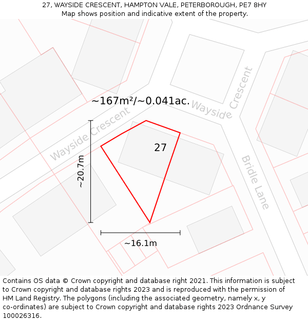 27, WAYSIDE CRESCENT, HAMPTON VALE, PETERBOROUGH, PE7 8HY: Plot and title map