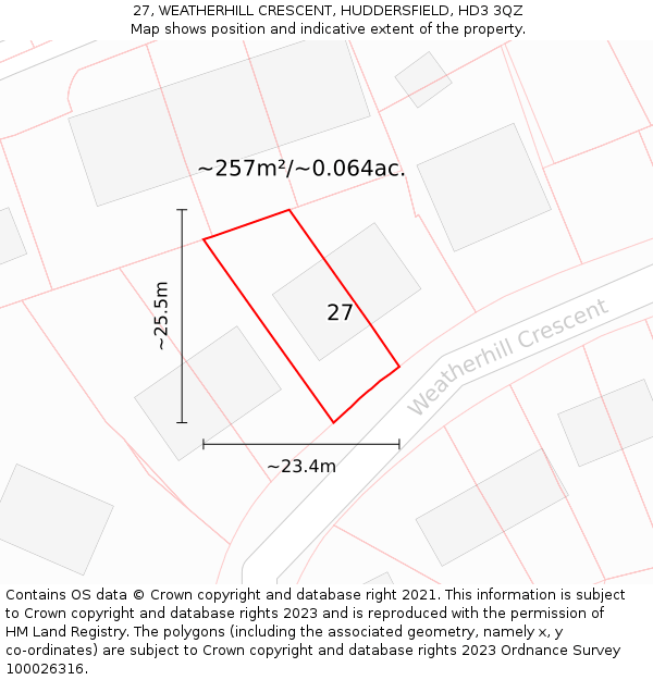 27, WEATHERHILL CRESCENT, HUDDERSFIELD, HD3 3QZ: Plot and title map