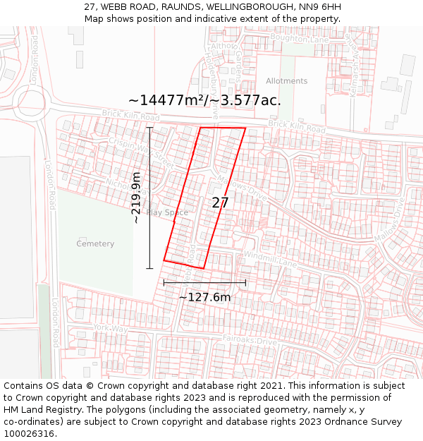 27, WEBB ROAD, RAUNDS, WELLINGBOROUGH, NN9 6HH: Plot and title map
