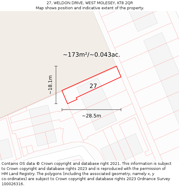 27, WELDON DRIVE, WEST MOLESEY, KT8 2QR: Plot and title map