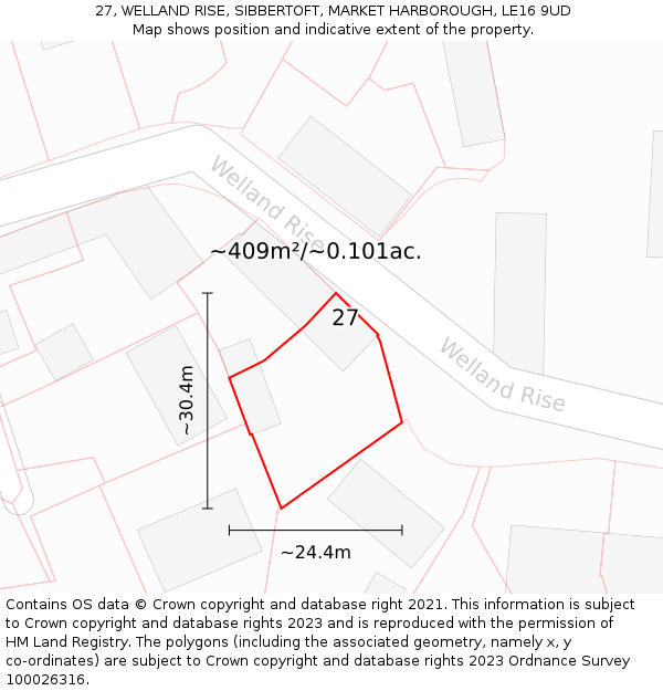 27, WELLAND RISE, SIBBERTOFT, MARKET HARBOROUGH, LE16 9UD: Plot and title map