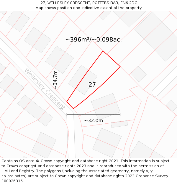 27, WELLESLEY CRESCENT, POTTERS BAR, EN6 2DG: Plot and title map