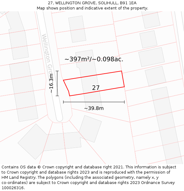 27, WELLINGTON GROVE, SOLIHULL, B91 1EA: Plot and title map