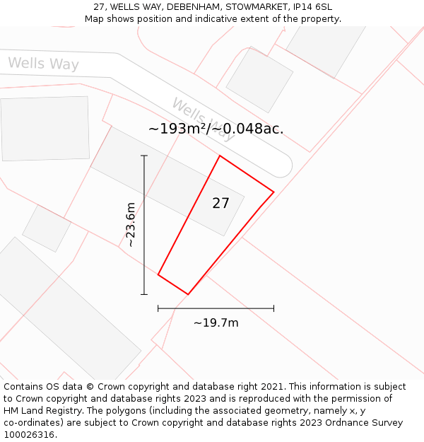 27, WELLS WAY, DEBENHAM, STOWMARKET, IP14 6SL: Plot and title map