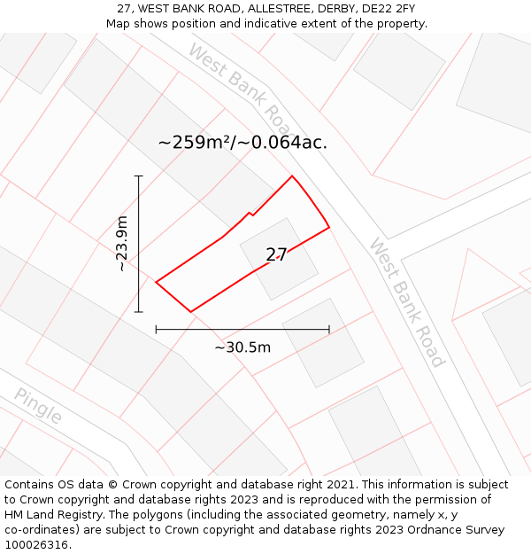 27, WEST BANK ROAD, ALLESTREE, DERBY, DE22 2FY: Plot and title map