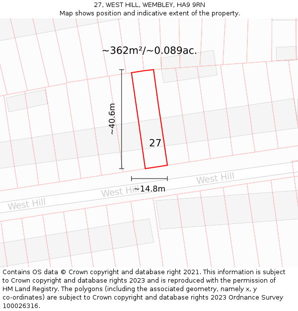 27, WEST HILL, WEMBLEY, HA9 9RN: Plot and title map