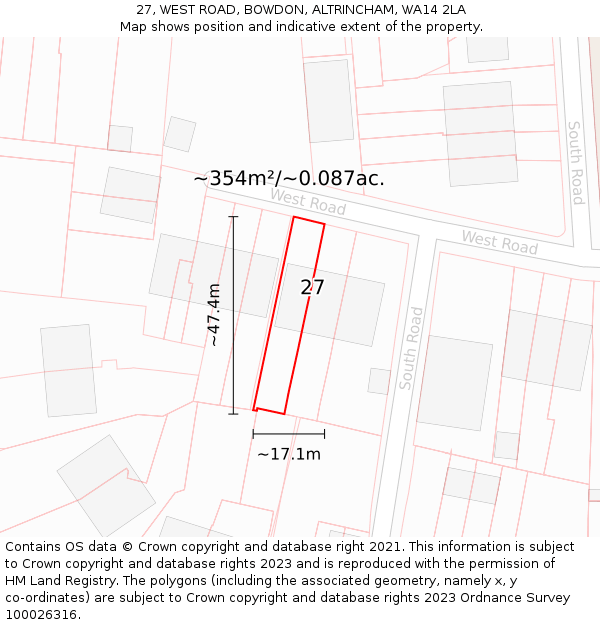 27, WEST ROAD, BOWDON, ALTRINCHAM, WA14 2LA: Plot and title map