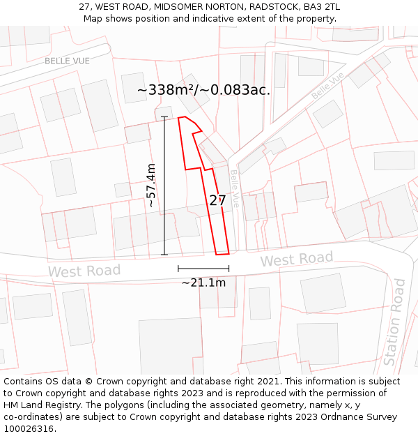 27, WEST ROAD, MIDSOMER NORTON, RADSTOCK, BA3 2TL: Plot and title map