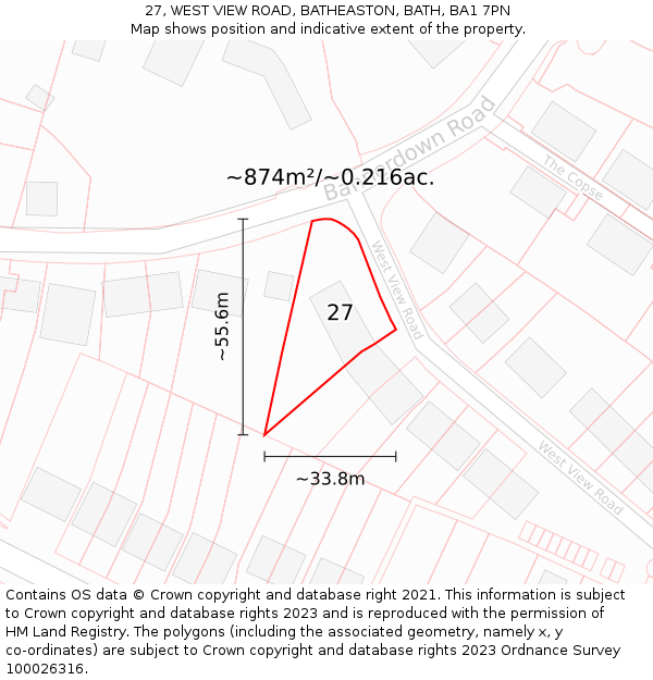 27, WEST VIEW ROAD, BATHEASTON, BATH, BA1 7PN: Plot and title map