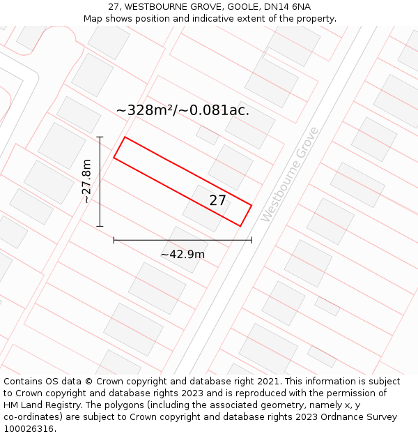 27, WESTBOURNE GROVE, GOOLE, DN14 6NA: Plot and title map