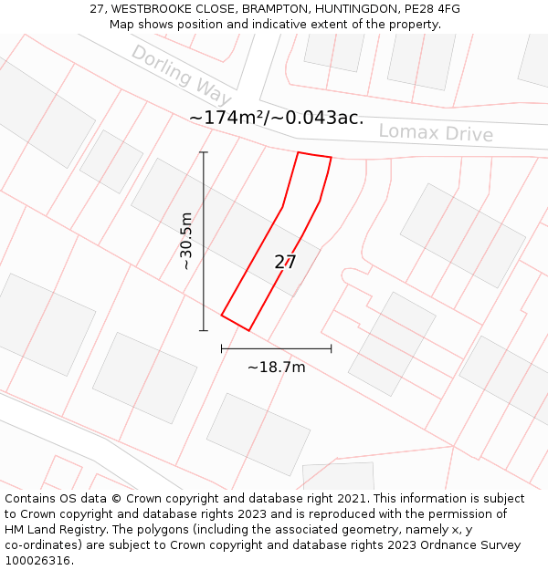 27, WESTBROOKE CLOSE, BRAMPTON, HUNTINGDON, PE28 4FG: Plot and title map