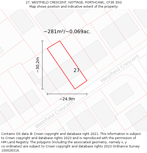 27, WESTFIELD CRESCENT, NOTTAGE, PORTHCAWL, CF36 3SG: Plot and title map