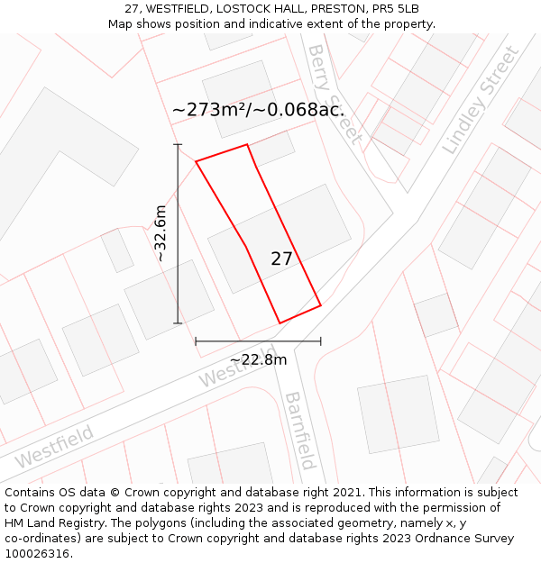 27, WESTFIELD, LOSTOCK HALL, PRESTON, PR5 5LB: Plot and title map