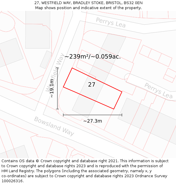 27, WESTFIELD WAY, BRADLEY STOKE, BRISTOL, BS32 0EN: Plot and title map