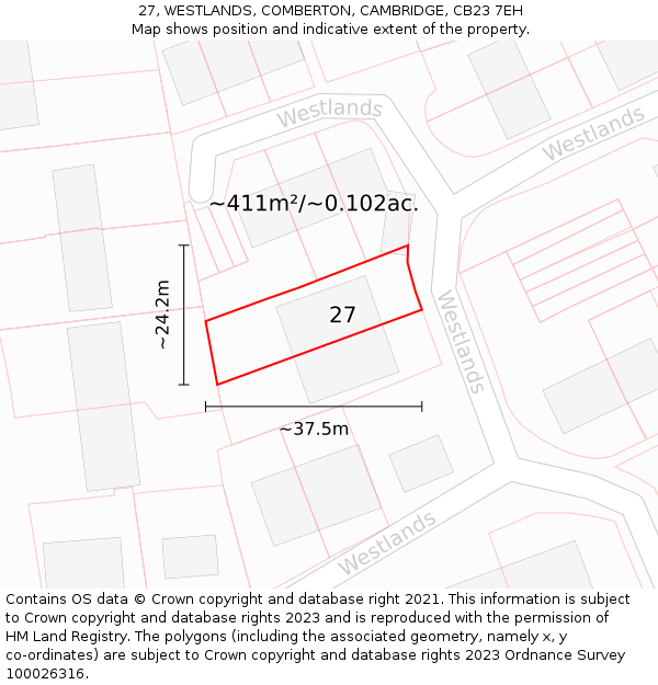 27, WESTLANDS, COMBERTON, CAMBRIDGE, CB23 7EH: Plot and title map