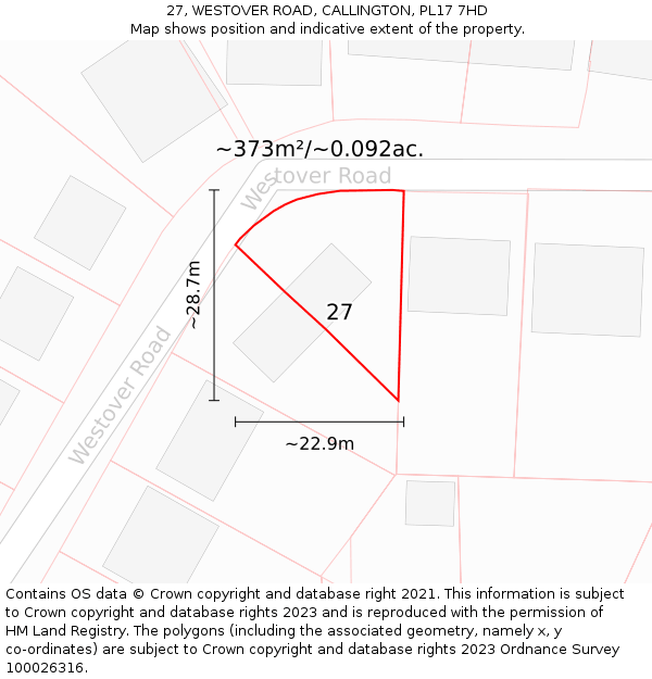 27, WESTOVER ROAD, CALLINGTON, PL17 7HD: Plot and title map