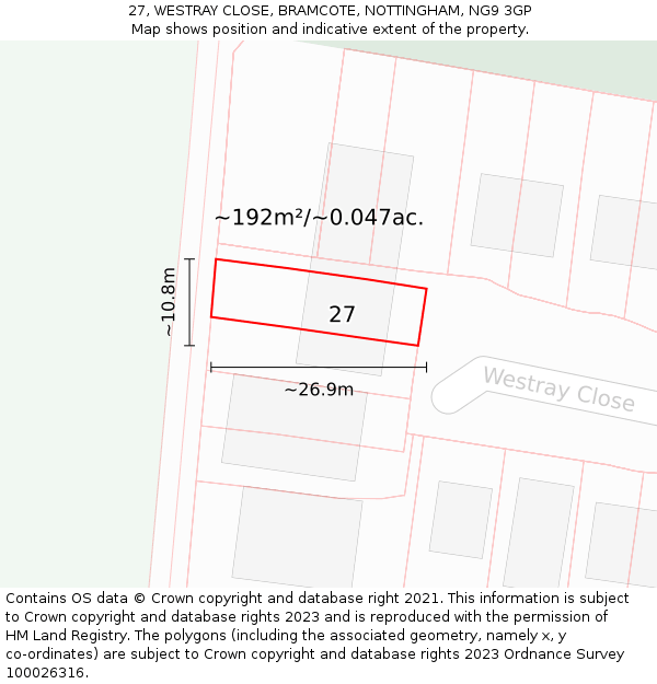 27, WESTRAY CLOSE, BRAMCOTE, NOTTINGHAM, NG9 3GP: Plot and title map