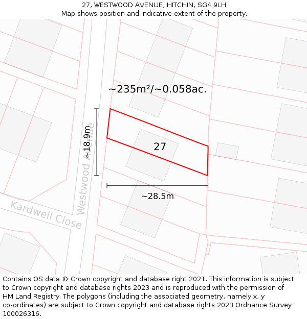 27, WESTWOOD AVENUE, HITCHIN, SG4 9LH: Plot and title map