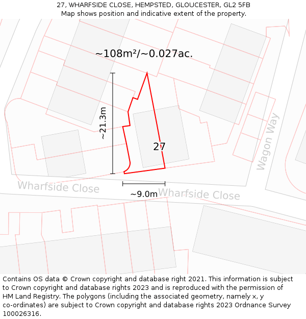 27, WHARFSIDE CLOSE, HEMPSTED, GLOUCESTER, GL2 5FB: Plot and title map
