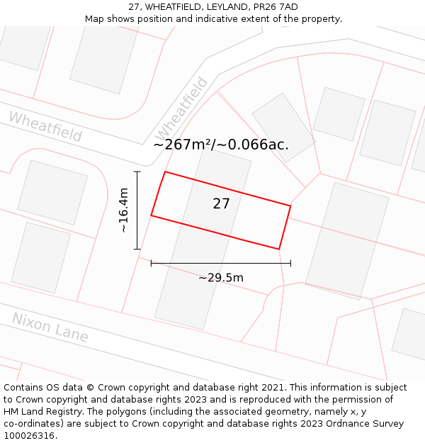 27, WHEATFIELD, LEYLAND, PR26 7AD: Plot and title map