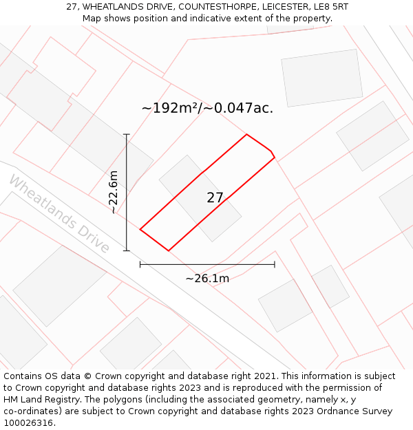 27, WHEATLANDS DRIVE, COUNTESTHORPE, LEICESTER, LE8 5RT: Plot and title map